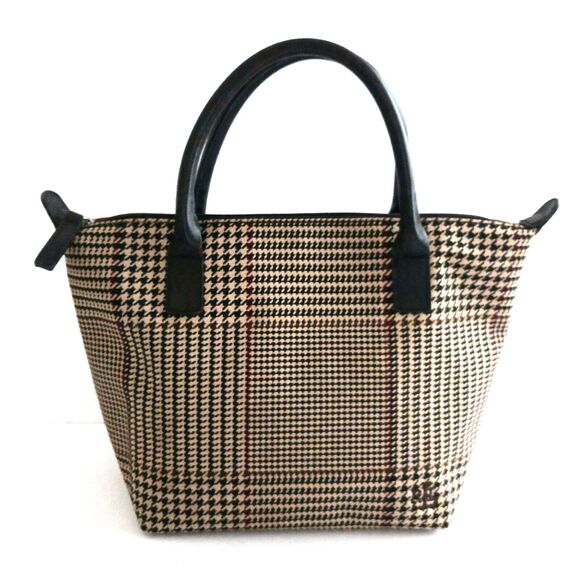VTG Lauren Ralph Lauren Brown Houndstooth Plaid Small Tote Leather Trim - Picture 1 of 10